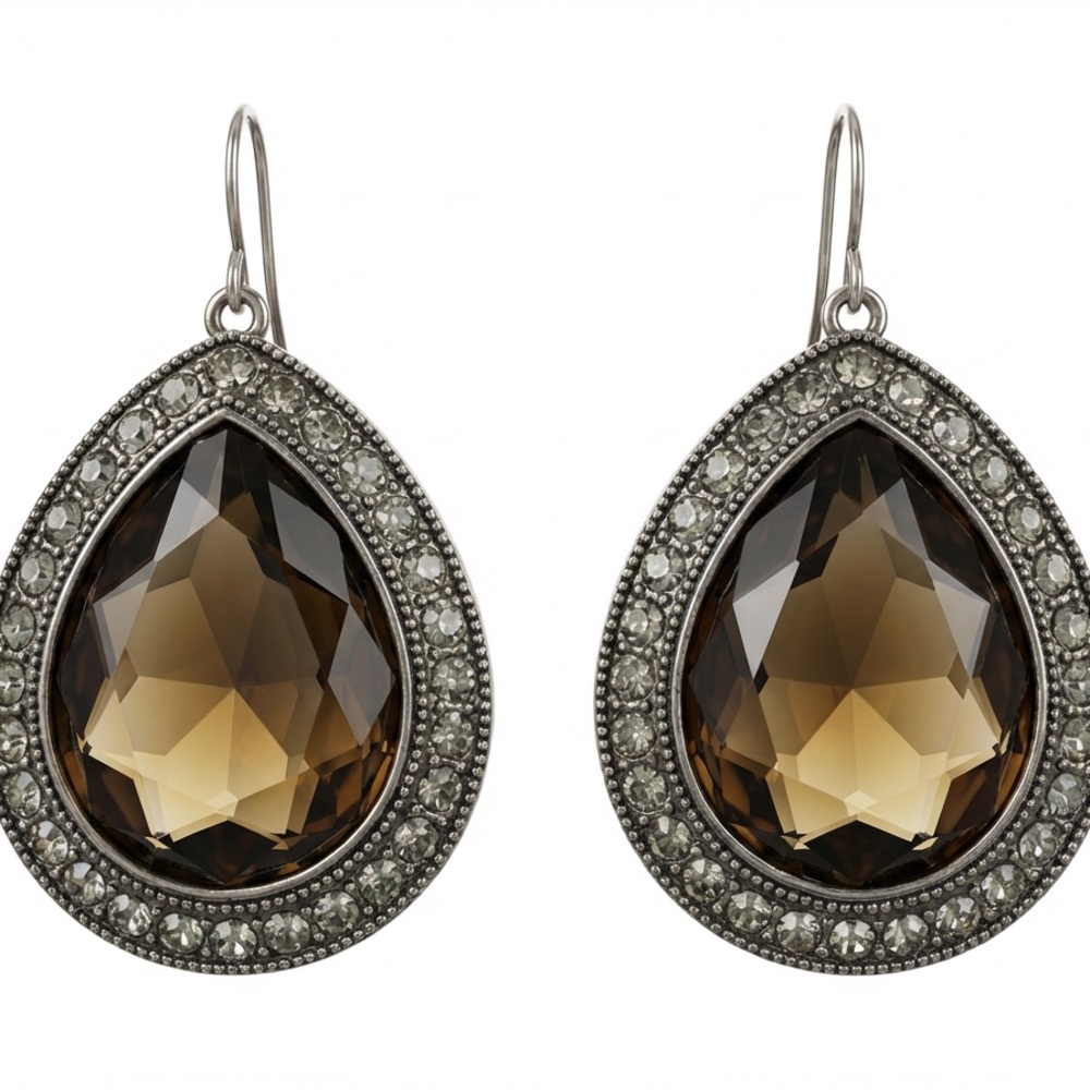 Elegant Teardrop Brown Drop Earrings with Crystal Halo - Picture 2 of 4